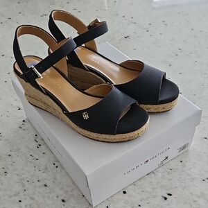 Tommy Hilfiger Black Espadrille Wedge Sandals with Ankle Strap